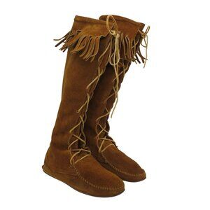 VINTAGE Women's Tall Lace-Up Brown Suede Moccasin Boots Size 6.5 Fringe